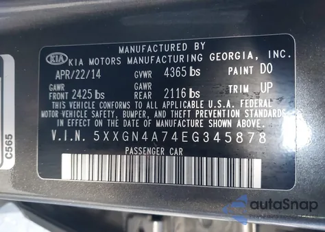 2014 Kia Optima Ex from USA, damaged, VIN 5XXGN4A74EG345878